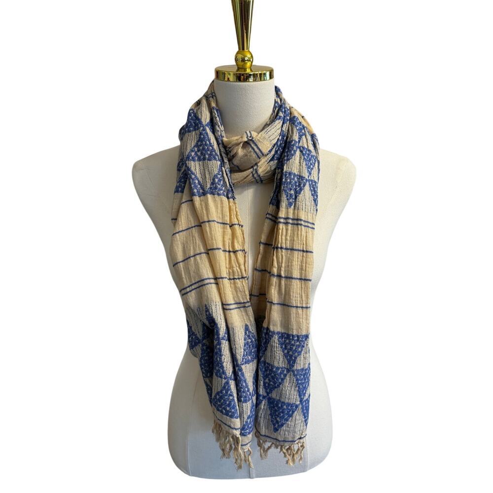 Madewell Lightweight Cotton Scarf Blue & Cream Geometric Print Fringe Wrap